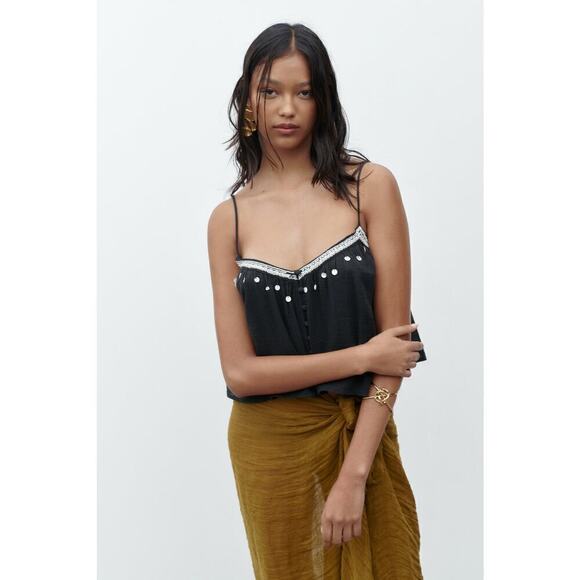 NEW NWT Zara Beaded Fringed V-Neck Spaghetti Strap Boho Cropped Tank Top Black L - Picture 1 of 9